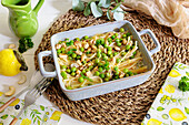Vegan lemon and spaghetti casserole with peas