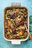 Jerk chicken with rice and peas