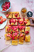 Sheet pancakes with strawberry and rhubarb compote