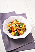 Vegetable salad with fruit and liquorice mousse