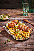 Vegan croquettes with chips, mustard and sauerkraut