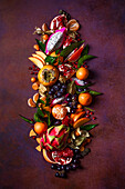 Mixed tropical fruits, view from above