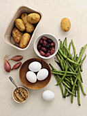 Fresh local produce from the market. Top view various ingredients for cooking healthy vegetarian meal