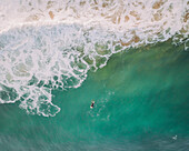 Aerial view of surfers, Bidart, France.