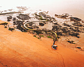 Saint-Brevin, France - 10 February 2021: Aerial view of the Serpent d'Ocean by the Chinese artist Huang Yong Ping.