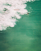 Aerial view of surfers, Bidart, France.