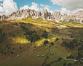 Aerial view of the Alta Badia mountain pass, Dolomites, Italy.