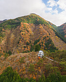 Luftaufnahme der Tabayama Roller Slide-Pagode während der Koyo-Saison, Tokio, Japan.