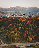 Luftaufnahme der Burg Echizen-Ono bei Sonnenuntergang während der Koyo-Saison, Fukui, Japan.