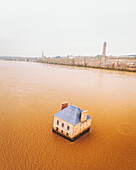 Nantes, France - 10 February 2021: Aerial view of the Maison dans la Loire by the French artist Jean-Luc Courcoult.