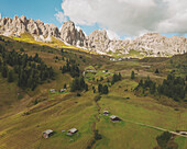 Aerial view of the Alta Badia mountain pass, Dolomites, Italy.
