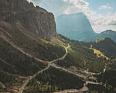 Aerial view of the Alta Badia mountain pass, Dolomites, Italy.