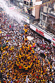 Aerial view of Dahi Hundies, Human Pyramid, Janmashtami Janmashtami gokul ashtami govinda Festival, bombay mumbai, maharashtra, india