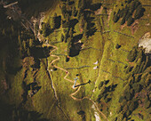 Aerial view of the Alta Badia cable car, Dolomites, Italy.