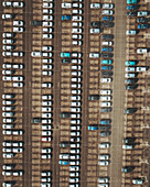 Aerial view of commercial vehicles in a parking lot in Tarnos, Landes, france.