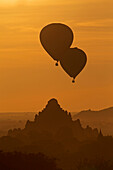 Aerial view of sunrise and hot air balloon, bagan, myanmar, burma