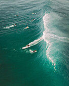 Aerial view of surfers, Bidart, France.