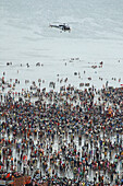 Aerial view of Helicopter at chowpatty, Ganapati immersion, Anant Chaturdashi, Bombay Mumbai, Maharashtra, India