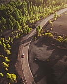 Aerial view of winding road through lush green forest with volcanic landscape and serene atmosphere, El Paso, Spain.