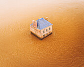 Nantes, France - 10 February 2021: Aerial view of the Maison dans la Loire by the French artist Jean-Luc Courcoult.