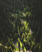 Aerial view of the famous Passo Giau, a road in the Dolomites, Italy.