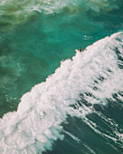 Aerial view of surfers, Bidart, France.