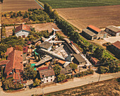 Rovigo, Italy - 26 August 2021: Aerial view of an abandoned night club with Airplanes, Italy.