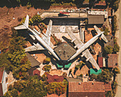 Rovigo, Italy - 26 August 2021: Aerial view of an abandoned night club with Airplanes, Italy.