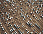 Aerial view of commercial vehicles in a parking lot in Tarnos, Landes, france.