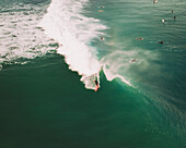 Aerial view of surfers, Bidart, France.