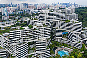 Luftaufnahme von The Interlace Wohnungen in Singapur Stadt und Wolkenkratzer Gebäude. Moderne Architektur Hintergrund.