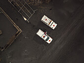 La Palma, Spain - 06 December 2021: Aerial view of rescue team. In a residential district of La Palma island after the Cumbre Vieja eruption, a Volcano in La Palma island, Canary Islands, Spain.