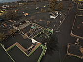 La Palma, Spain - 06 December 2021: Aerial view of rescue team. In a residential district of La Palma island after the Cumbre Vieja eruption, a Volcano in La Palma island, Canary Islands, Spain.