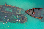 Aerial view of Tangalooma Wrecks with snorkelers, Moreton Island, Queensland, Australia.