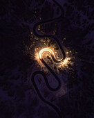 Aerial view of a winding snake road through a dark forest illuminated by a mystical glow, Cortina d'Ampezzo, Italy.