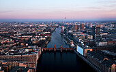 Aerial of Oberbaum Bridge in Friedrichshain, Berlin, Germany