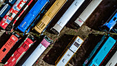 Aerial view of a parking lot full of touristic buses near Lloret de Mar, Spain.