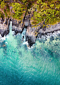 Aerial view of surfers along Tea Tree Bay coast in Noosa National Park near Noosa Heads town, Sunshine Coast, Queensland, Australia.