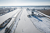 Aerial view of ice skating people during a cold winter in Kinderdijk, Zuid-Holland, Rotterdam, Netherlands.
