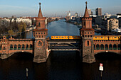 Aerial of Oberbaum Bridge in Friedrichshain, Berlin, Germany