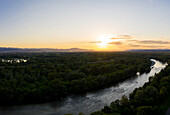 Aerial view of scenic sunset at Sava river and Zagreb countryside, Croatia.