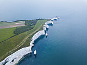 Luftaufnahme der weißen Klippen von Old Harry Rocks, Jurassic Coast in Studland, Dorset, Vereinigtes Königreich.