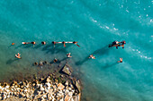 Aerial view of rusty industrial structure in the sea.