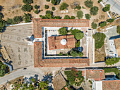 Aerial view of Agios Nikolaos church in Spetses, Greece.