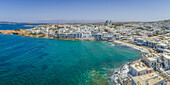 Aerial view of Naousa city, with traditional white houses, Greece.