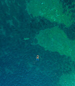 Aerial view of woman swimming with flippers in the sea of Kioni island, Greece