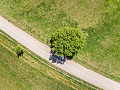 Aerial view of white car on asphalt road in the countryside, Greece