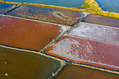 Aerial view of the patterns and colors of salt evaporation ponds with birds in Aveiro, Portugal