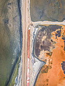 Aerial view of Walvis Bay salt pan abstract landscape, Erongo Region, Namibia.