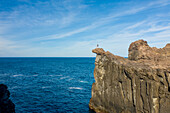 Aerial view of a person standing on the edge of the cliff at Ponta do Misterio, Terceira island, Azores archipelago, Portugal.